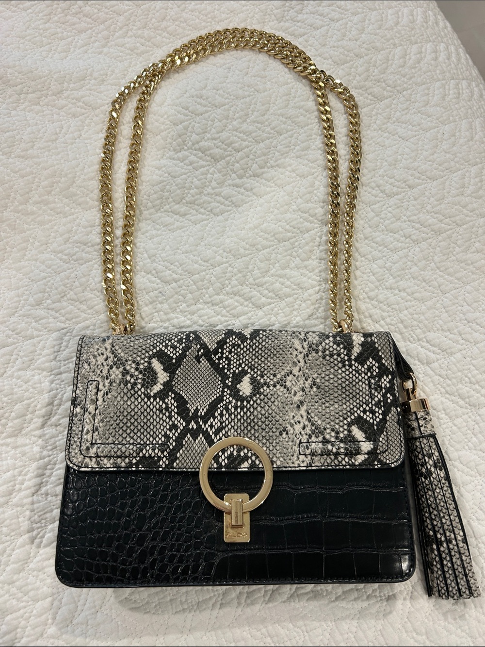 Aldo Black & Snake-Print Shoulder Bag with Gold Chain